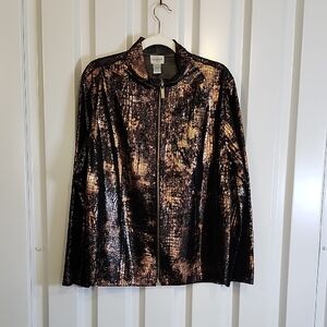 Chico's Metallic Black Gold Leather Jacket Croc Embossed Size 3 US XL Reversible